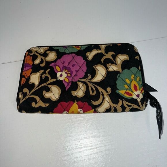 VERA BRADLEY Full Size WRISTLET Wallet 8” x 4.5" Black Floral Wallet Coin Card - Picture 4 of 9